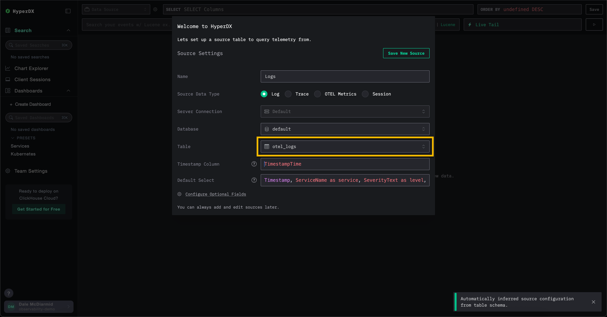 ClickHouse Cloud HyperDX Datasource